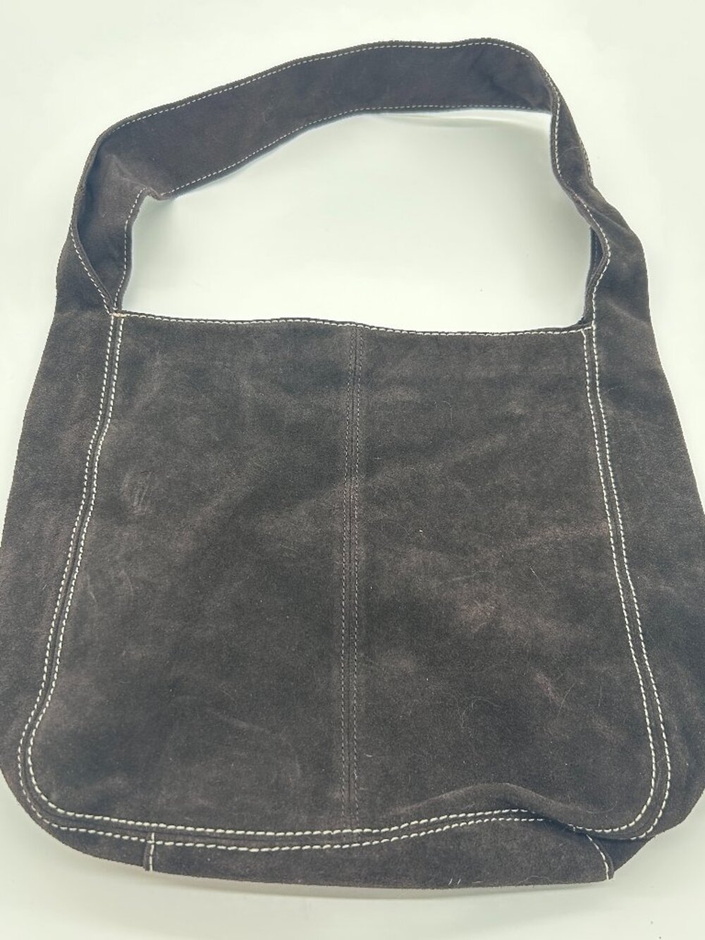 Old Navy Purse Shoulder Hobo Bag Brown Suede Cow Leather White Stitch VTG 2002